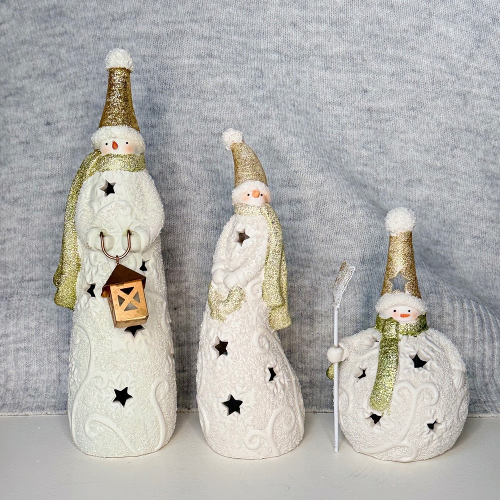 Yankee Candle Snowman Tealight Holder Trio Gold Glitter White Christmas Decor